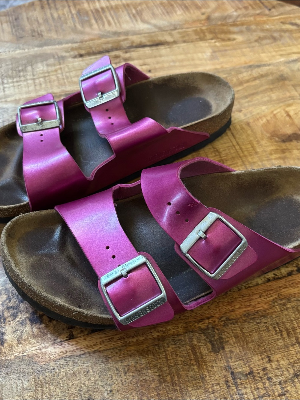 Birkenstock Arizona Metallic Fuchsia Two-Strap Sandals